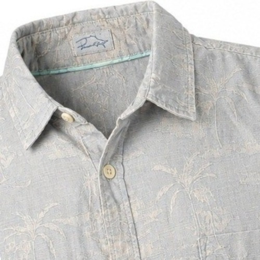 Tommy Bahama Shirt Mens Large Blue Silk Tropical Palm Tree Jacquard Short Sleeve